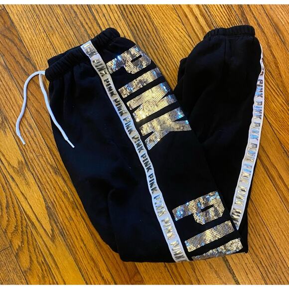 Victoria’s Secret PINK Black Silver Sequin Bling Logo Classic Sweatpants Size S - Picture 2 of 10